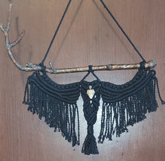 Enchanting Macramé Crow with Resin Skull on Rowan Tree Stick