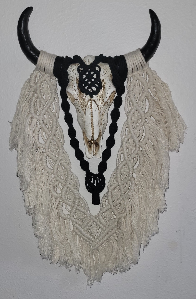 Boho Macrame Resin Bull Skull in Ivory and Black