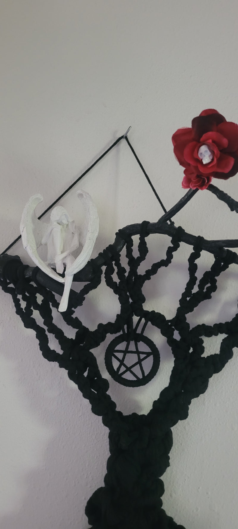 Macramé Tree with Pentacle, Resting White Angel, and White Skulls in Red Roses