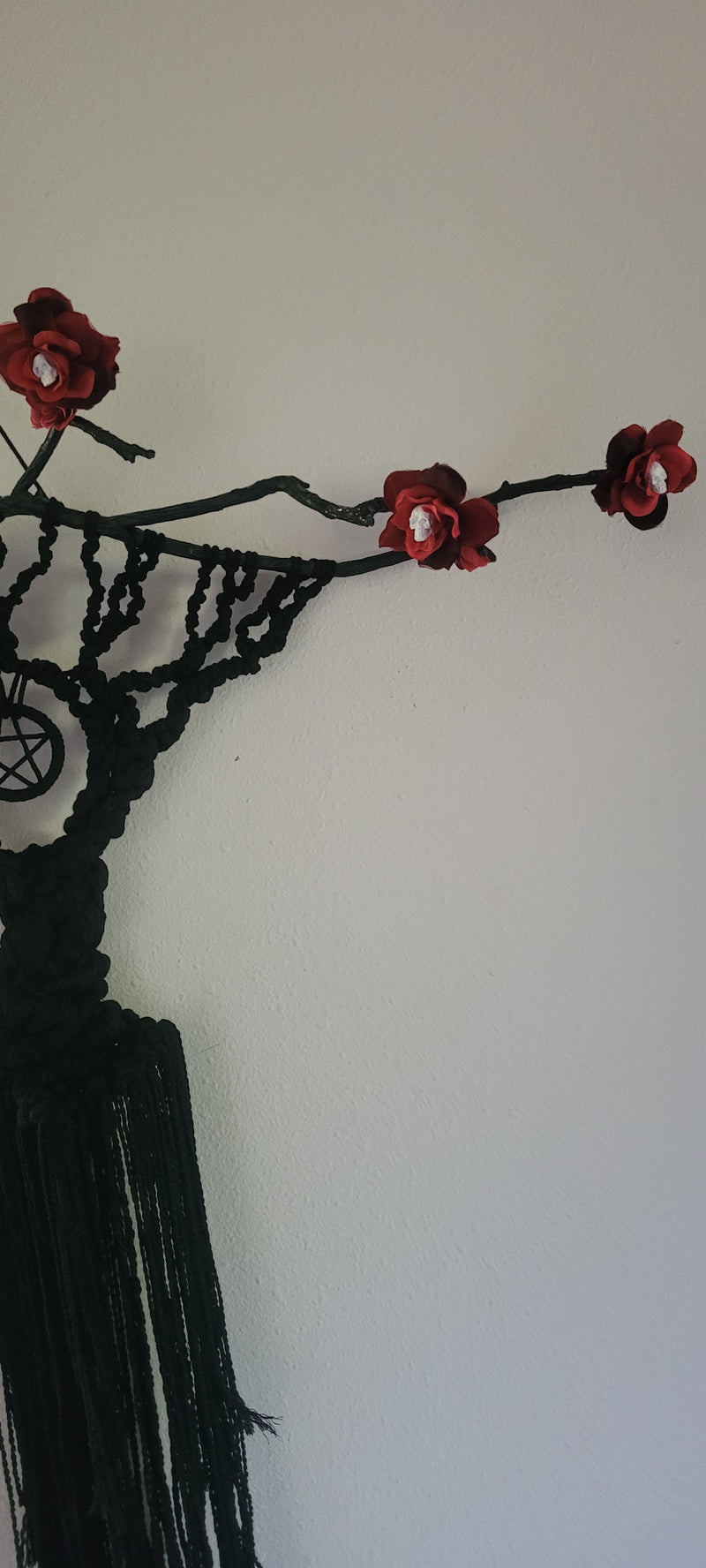 Macramé Tree with Pentacle, Resting White Angel, and White Skulls in Red Roses