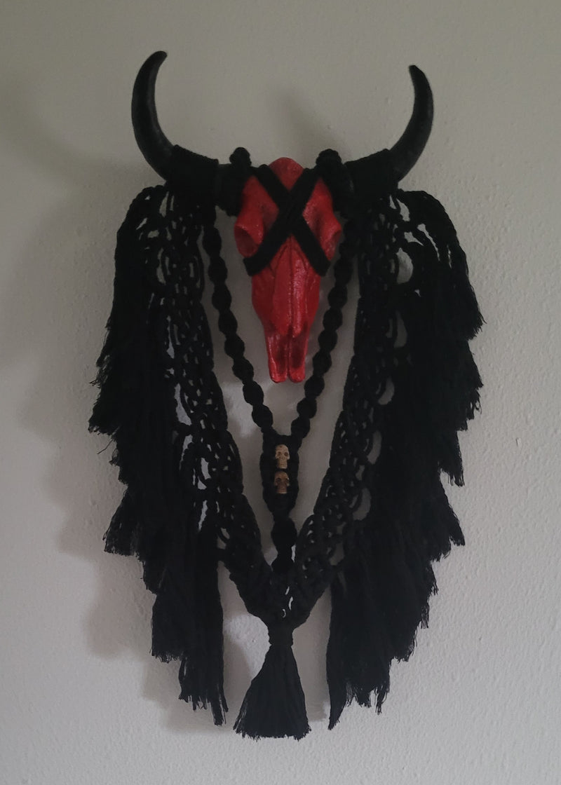 Red Resin Bull Skull with Black Horns, and Bone Beads