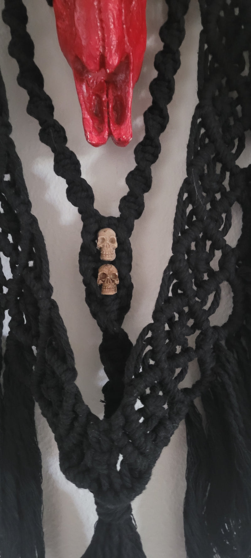 Red Resin Bull Skull with Black Horns, and Bone Beads