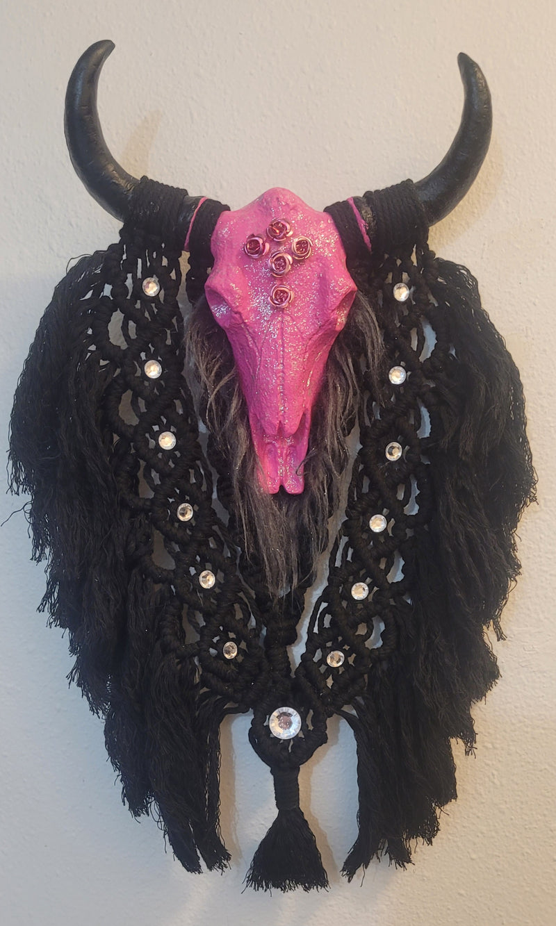 Pink Bull Skull with Black Horns and Embellishments