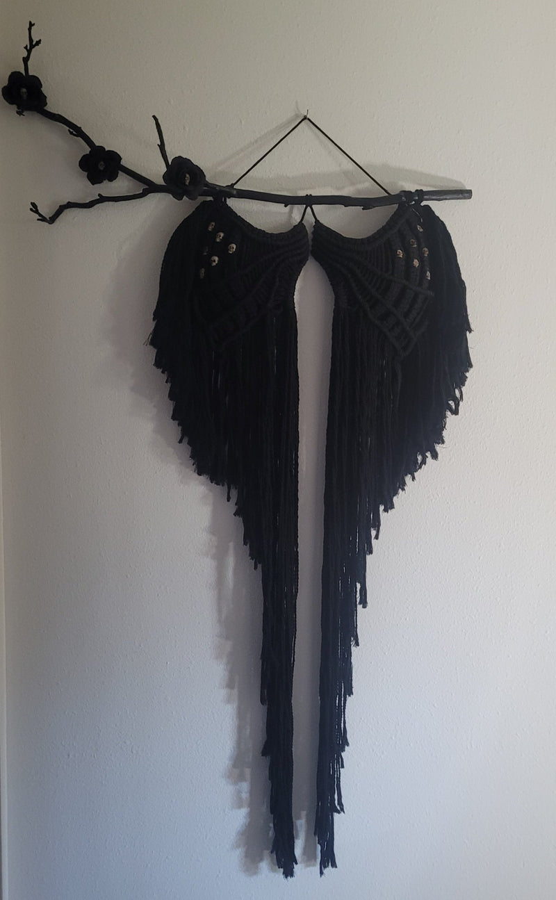 Black Macramé Angel Wings with Bone Skulls and Silk Roses
