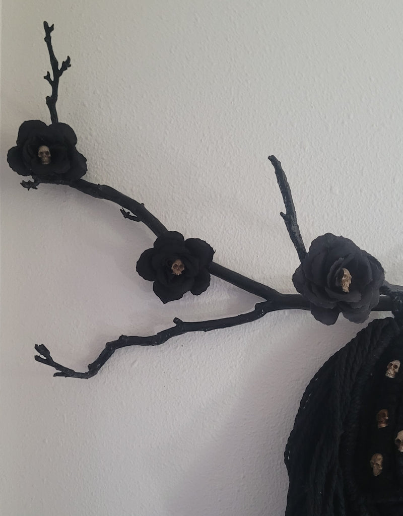 Black Macramé Angel Wings with Bone Skulls and Silk Roses