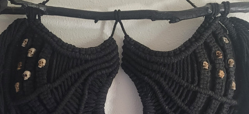 Black Macramé Angel Wings with Bone Skulls and Silk Roses
