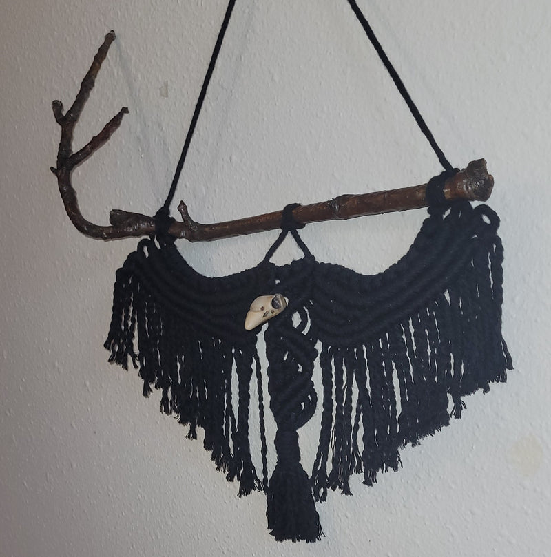 Enchanting Macramé Crow with Resin Skull on Rowan Tree Stick