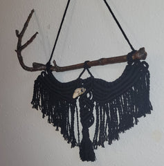 Enchanting Macramé Crow with Resin Skull on Rowan Tree Stick