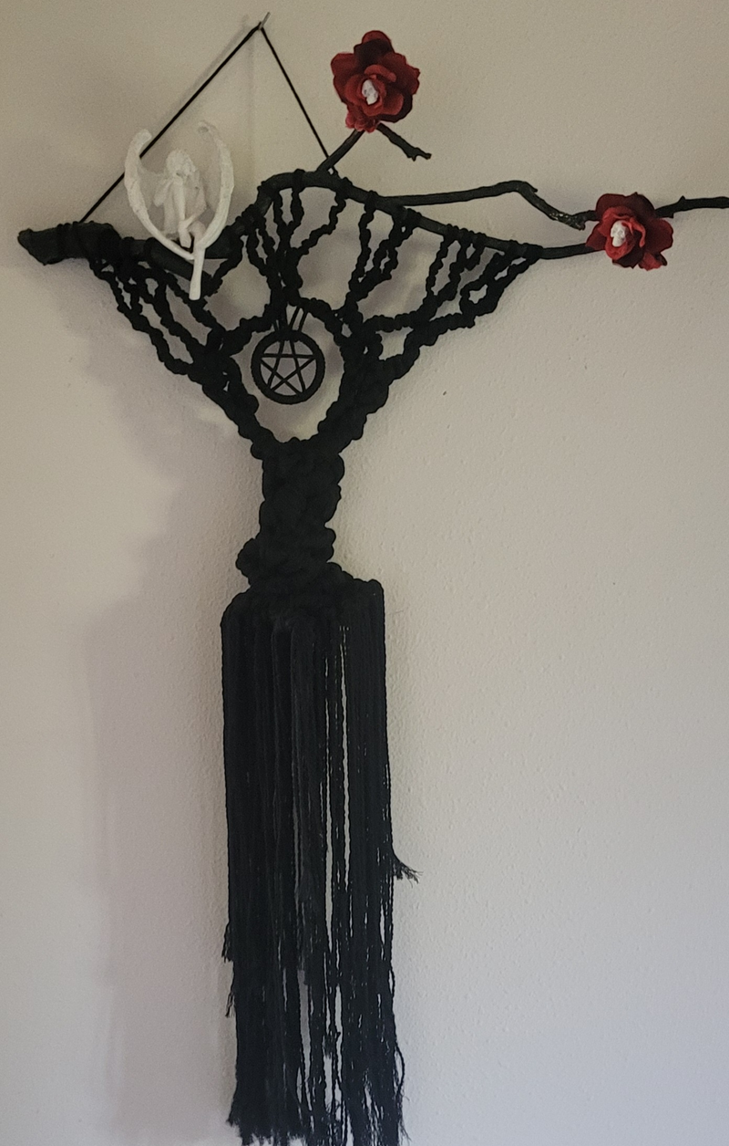 Macramé Tree with Pentacle, Resting White Angel, and White Skulls in Red Roses